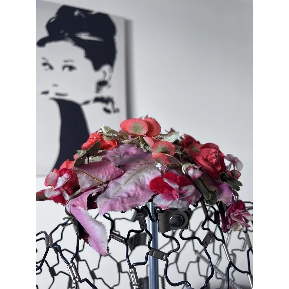 Vintage Floral Fascinator Cap Pink Red Silk Rose Velvet Leaf Pillbox Hat Crown